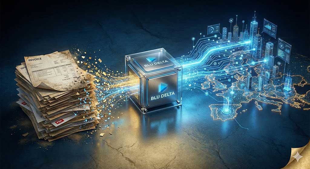 ViDA-2030-E-Rechnung-EU-Reporting-automatisieren Computergrafisch symbolisierter Prozess vom PDF zur E-Rechnung