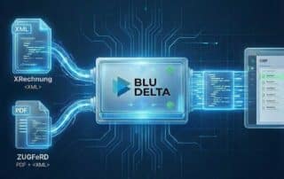 Computergrafisch symbolisierte Übergangsphase PDF zu E-Rechnung. KI-generiert.